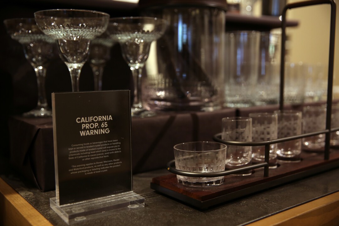 Glassware at Williams Sonoma on Beverly Drive is displayed with a Proposition 65 warning.