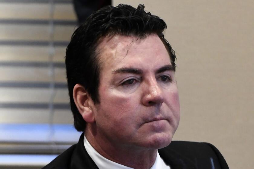 FILE - In this Wednesday, Oct. 18, 2017, file photo, Papa Johnâs founder and CEO John Schnatter attends a meeting in Louisville, Ky. Schnatter, who appears on the chainâs commercials and pizza boxes, will leave the CEO role in January 2018, weeks after he publicly criticized NFL leadership for the ongoing national anthem protests by football players. He will be replaced by Chief Operating Officer Steve Ritchie on Jan. 1. Schnatter, who is the companyâs biggest shareholder, will stay on as chairman. (AP Photo/Timothy D. Easley, File)