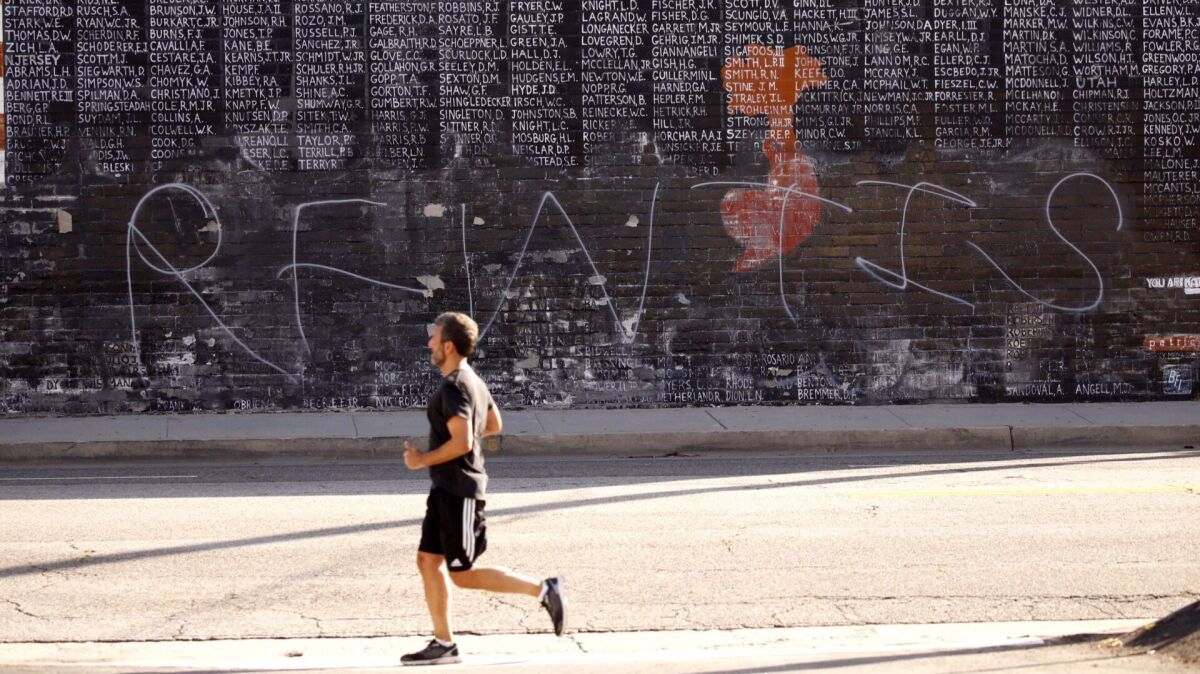 The Vietnam War memorial on Pacific Ave in Venice has again been marred by graffiti. (Al Seib / Los Angeles Times)