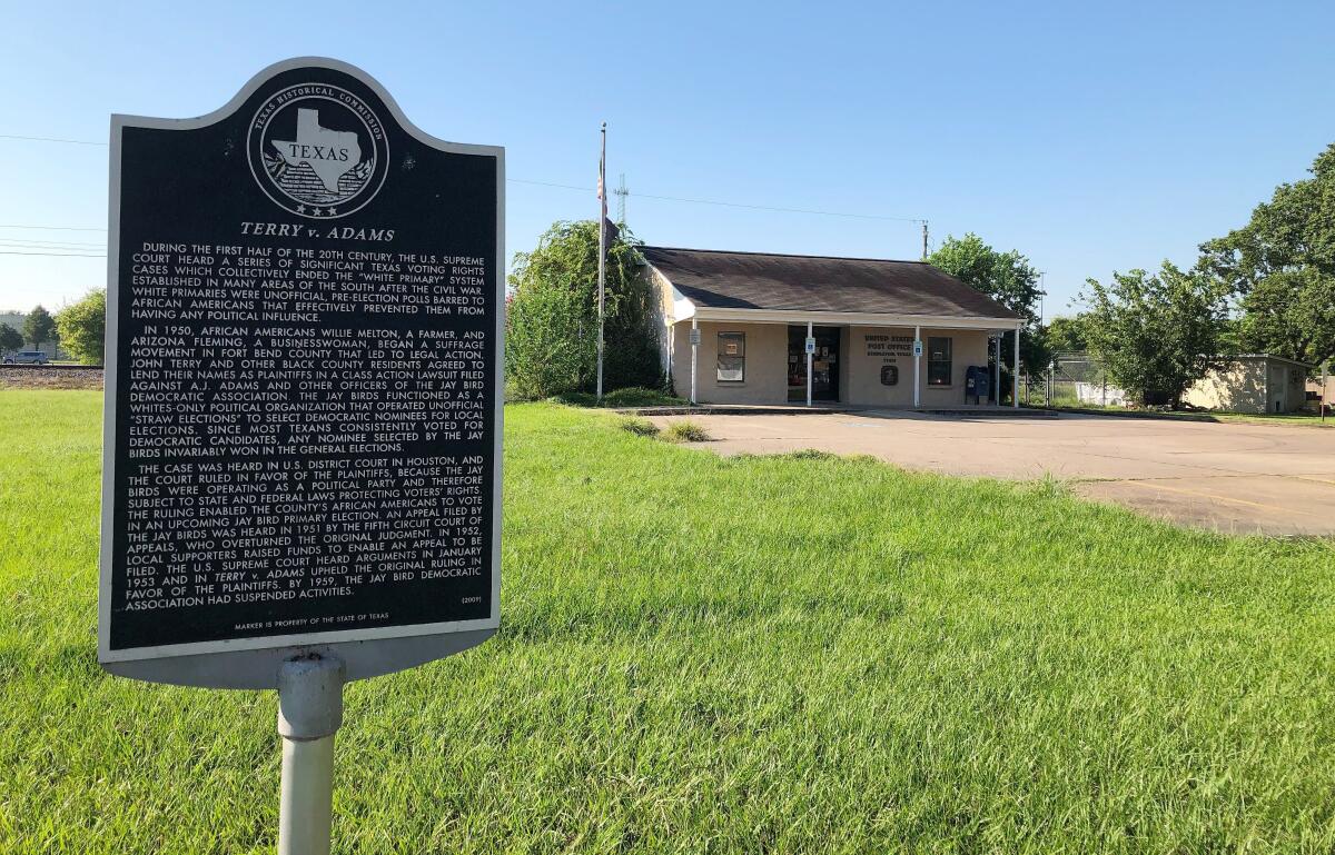 Black leaders braved death threats to file a voting-rights lawsuit. A plaque at the Kendleton post office honors them. 