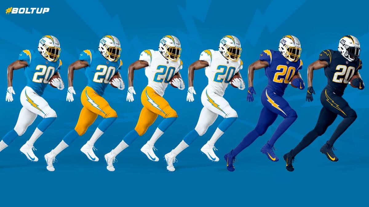 Chargers unveil new uniforms, bringing back gold pants to go with powder  blue - The San Diego Union-Tribune