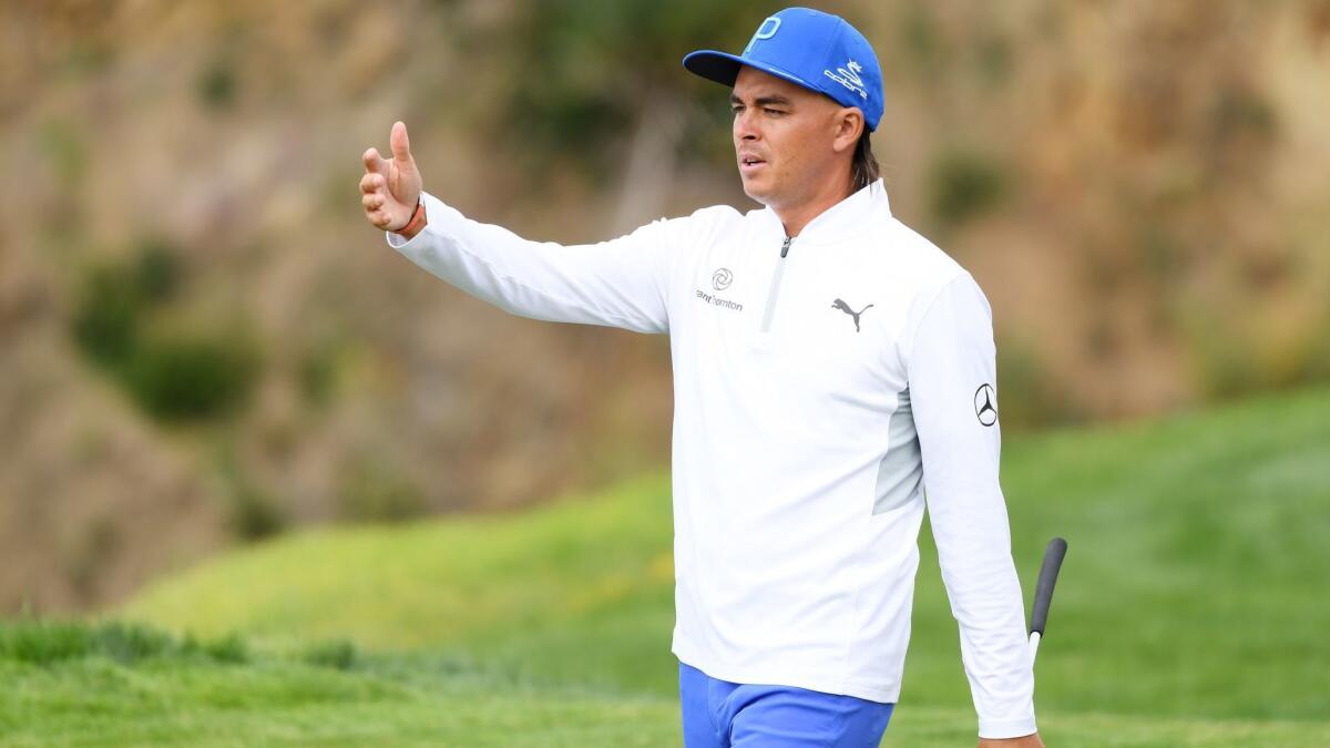 Rickie Fowler reacts to a shot on the eighth hole during the first round of the 2019 U.S. Open at Pebble Beach Golf Links on Thursday in Pebble Beach.