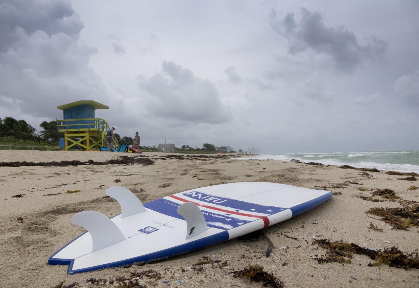 A surfboard is shown at in Miami Beach, Florida on Oct. 6, 2016 as Hurricane Matthew approaches.