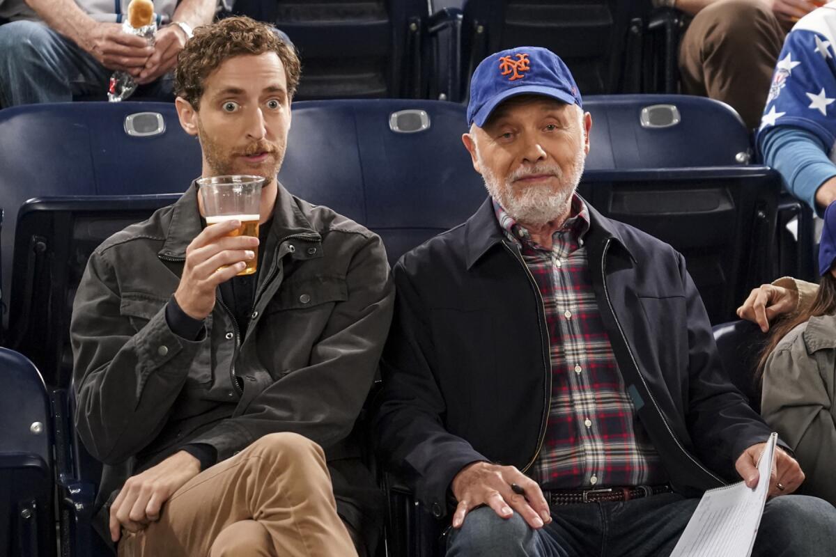 Thomas Middleditch, left, and Hector Elizondo in "B Positive" on CBS.