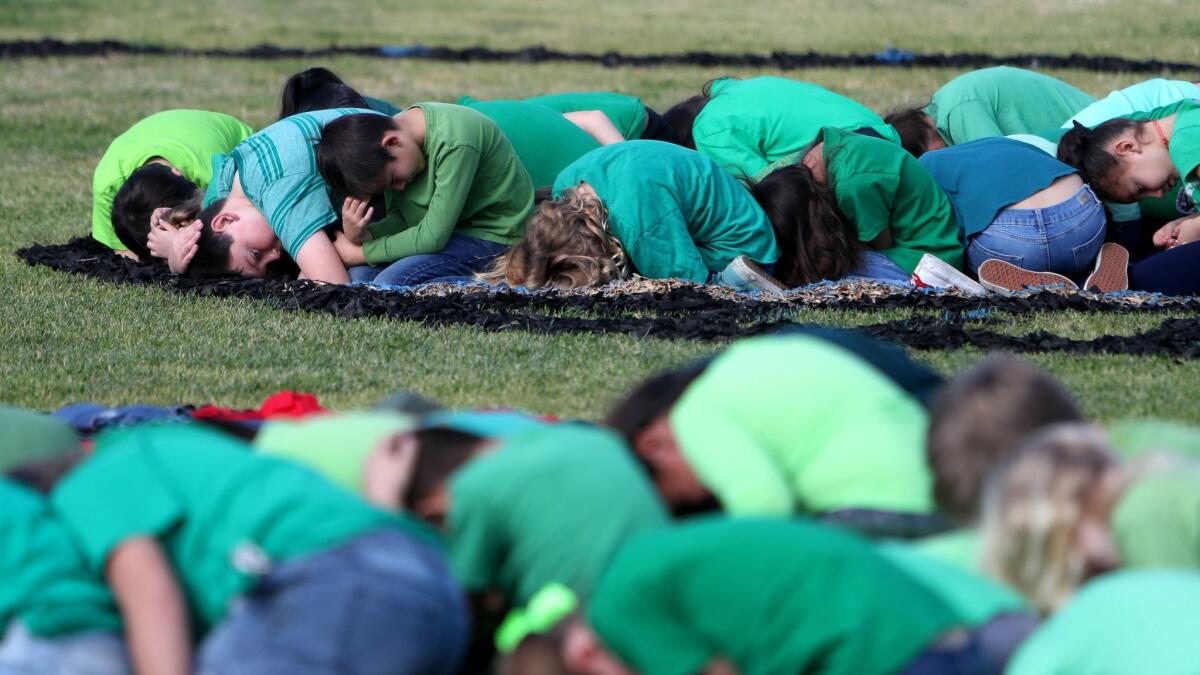 Students wearing green shirts form the body of a dragon for an "Art for the Sky" event Thursday at Woodland Elementary School in Costa Mesa.