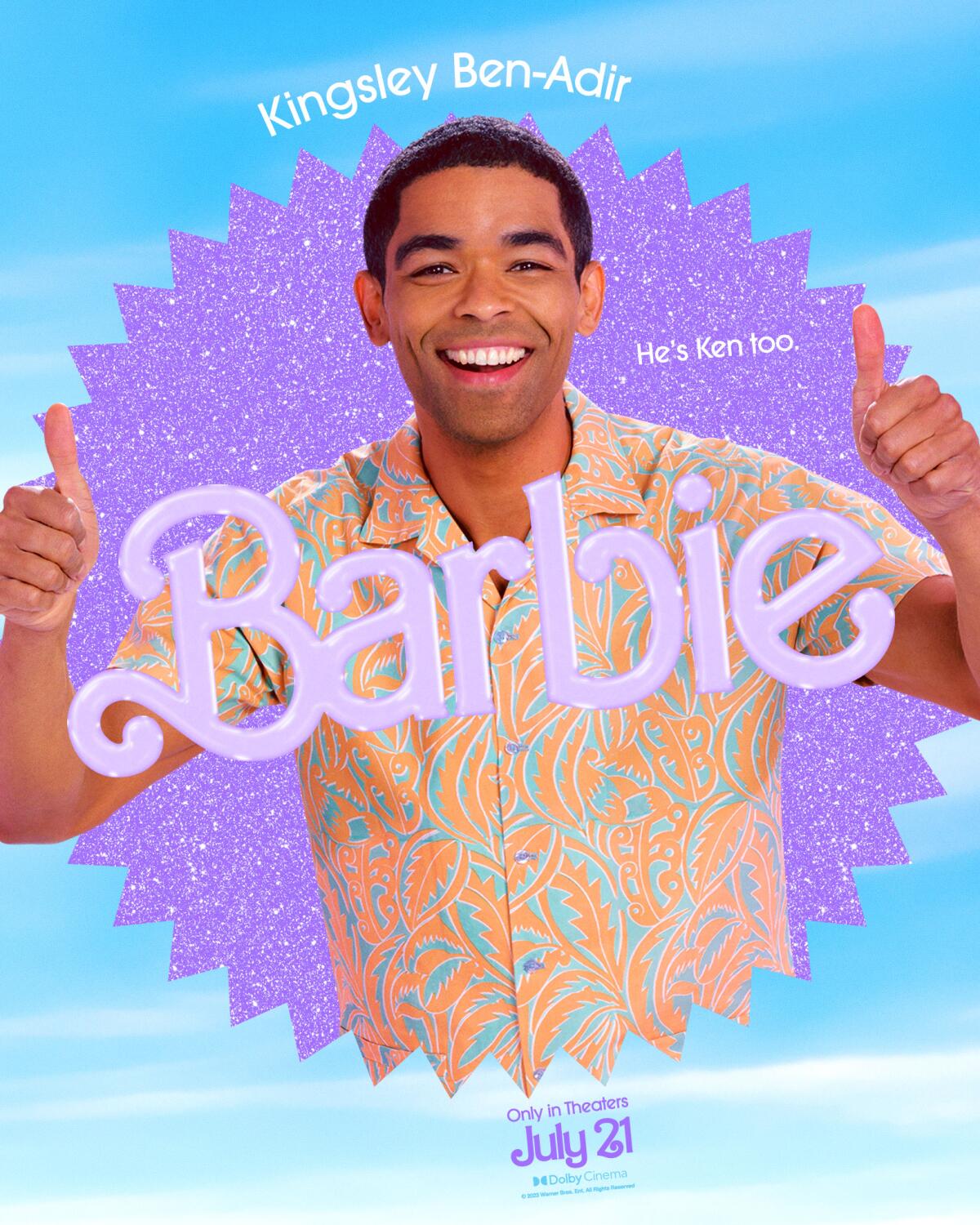 Kingsley Ben-Adir smiles and gives two thumbs up in a "Barbie" movie poster. He wears an orange patterned shirt.