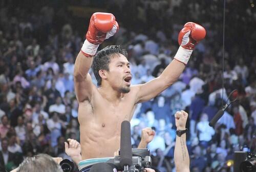 Manny Pacquiao celebrates his knockout of Ricky Hatton on Saturday night at the MGM Grand Garden Arena in Las Vegas.