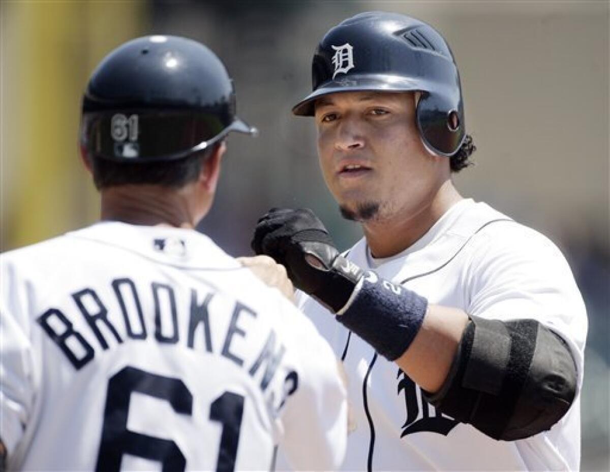 Florida Marlins' Miguel Cabrera stands on first base after hitting