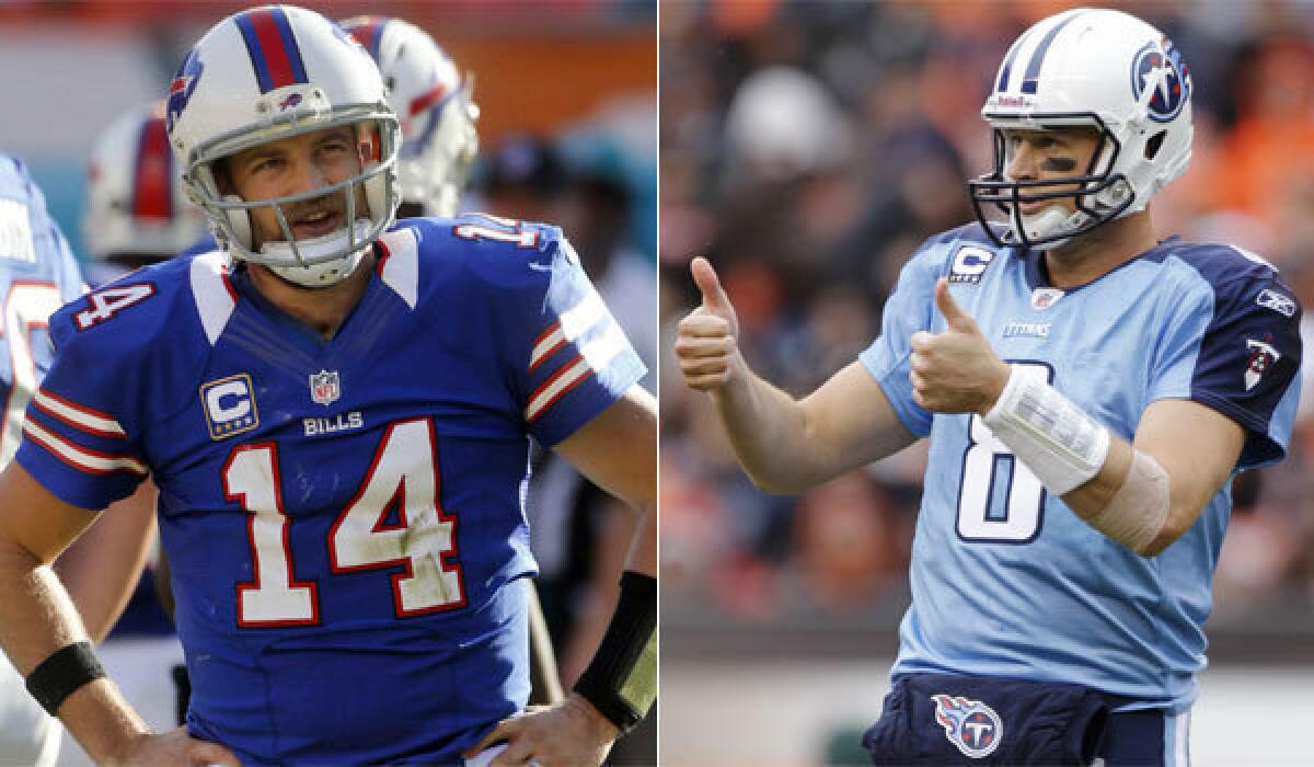 Ryan Fitzpatrick, left, is the Tennessee Titans' new backup quarterback, a role previously filled by Matt Hasselbeck, the new Indianapolis Colts backup.