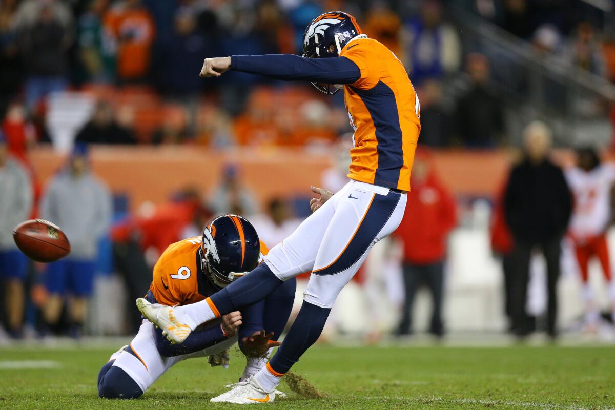 Broncos kicker Brandon McManus (8) makes a field goal in overtime of a game against the Kansas City Chiefs on Nov. 27.