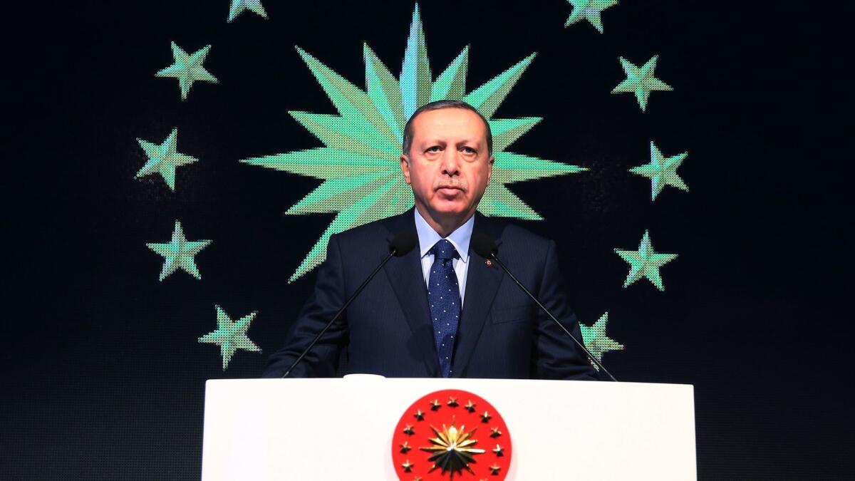 Turkey's President Recep Tayyip Erdogan speaks during the opening of a new building for Istanbul's stock exchange on Jan. 14, 2017.