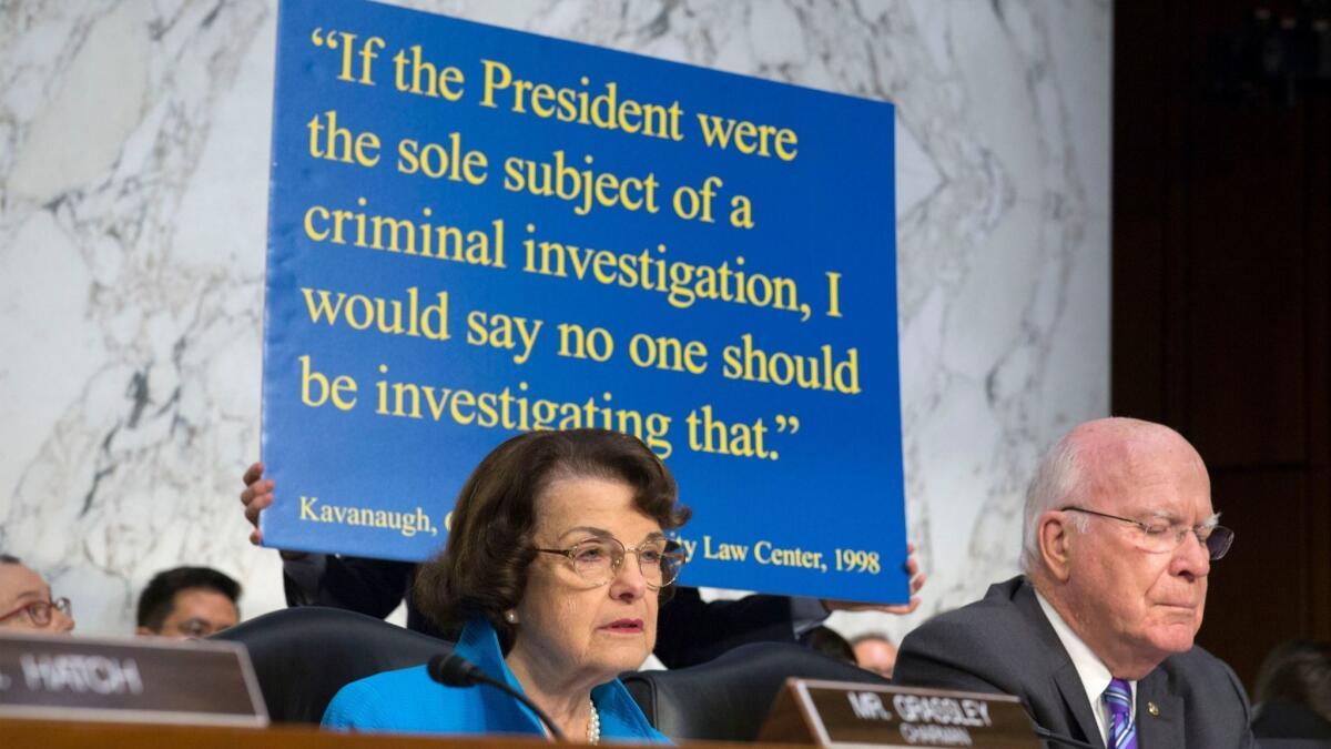 Democratic Senator Dianne Feinstein directs questions during the Senate Judiciary Committee's confirmation hearing of Brett Kavanaugh's nomination to be an Associate Justice of the Supreme Court on September 5.