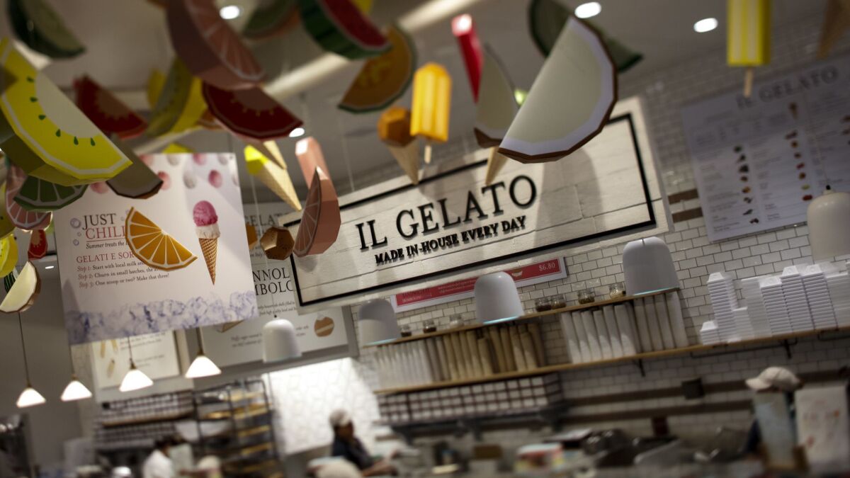Il Gelato inside Eataly, at the Westfield Century City mall. With stores for buying produce and products from Italy, Eataly also has multiple restaurants, including Terra, a rooftop bar and restaurant.