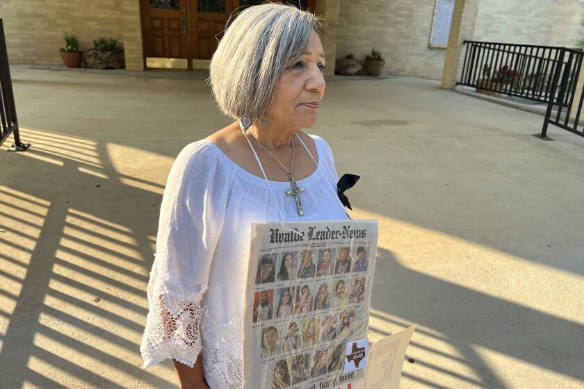 Retiree Yrma Fuentes outside Sacred Heart catholic Church, Uvalde, Texas.