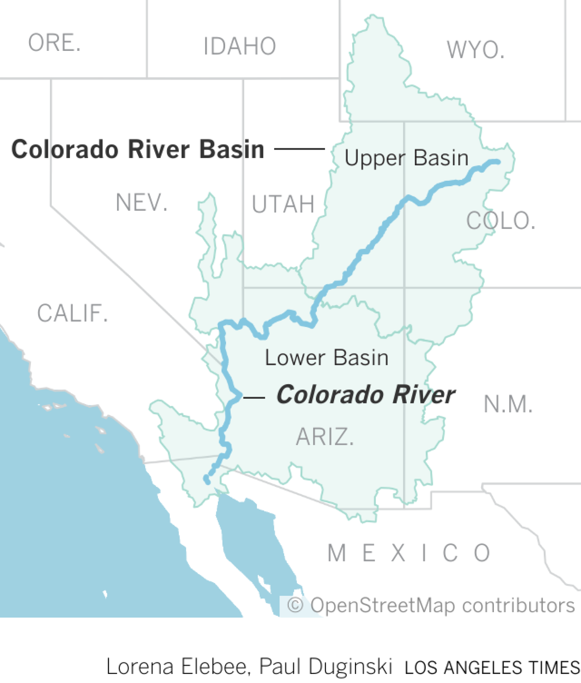 A map showing the Colorado River, from its source in the Rocky Mountains to the Gulf of California.