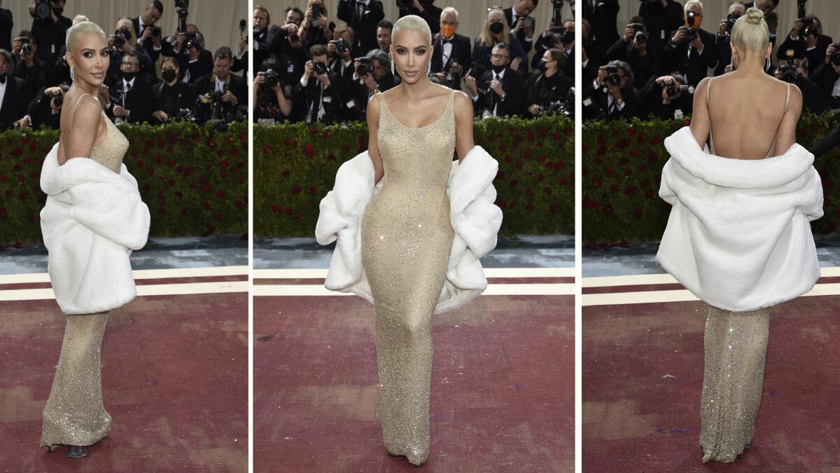Three angles showing Kim Kardashian posing in a sparkling gown and white fur stole