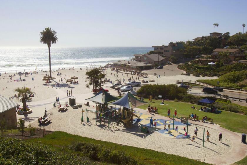 Moonlight Beach in Encinitas has been remodeled. A new concessions and rental area are some of the new features. An overview of the playground area looking to the beach access.