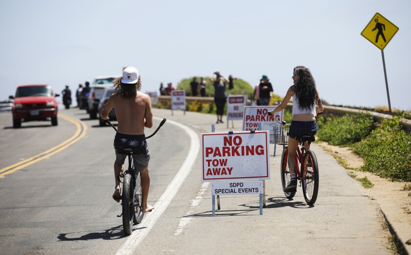 No parking signs have been placed along Sunset Cliffs Blvd. to deter people from visiting the Sunset Cliffs area after large crowds have been reported day and night.