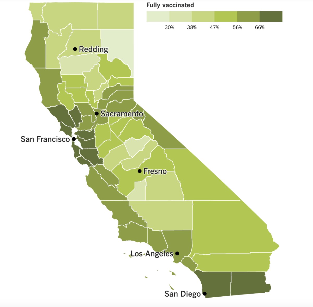 A map of California's vaccination progress by county.