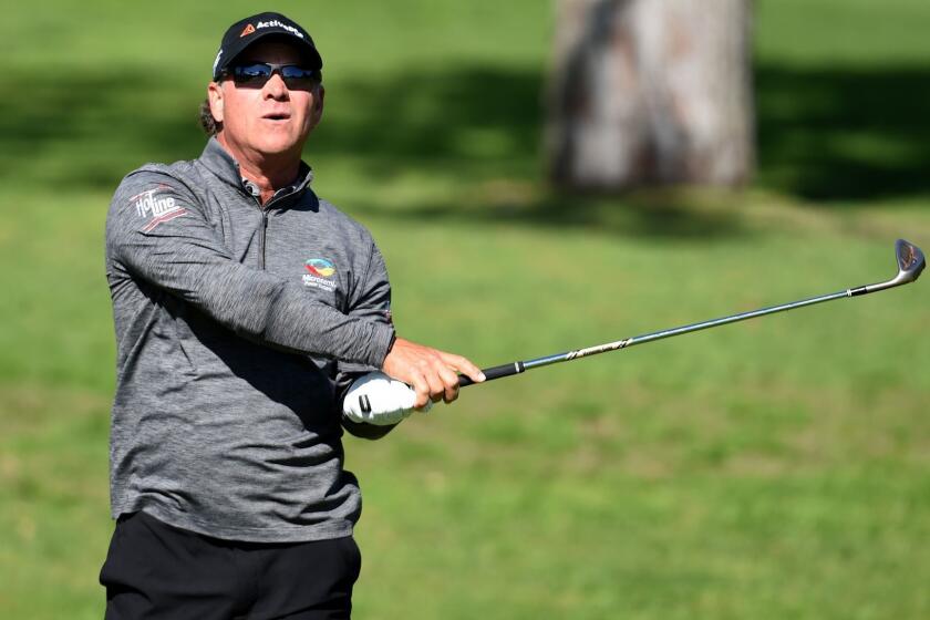 NEWPORT BEACH, CALIFORNIA - MARCH 08: Scott McCarron hits his approach shot on the ninth hole during the first round of the Hoag Classic at the Newport Beach Country Club on March 08, 2019 in Newport Beach, California. (Photo by Steve Dykes/Getty Images) ** OUTS - ELSENT, FPG, CM - OUTS * NM, PH, VA if sourced by CT, LA or MoD **