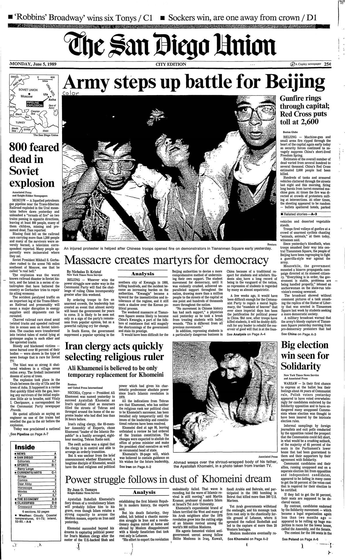 San Diego Union 1989 Tiananmen Square massacre headline