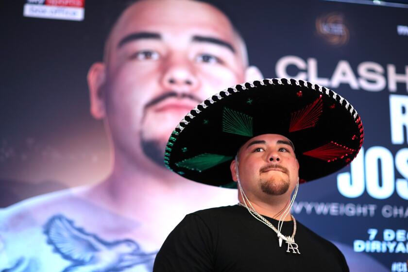 LONDON, ENGLAND - SEPTEMBER 06: Andy Ruiz Jr. wears a sombrero during the press conference for Andy Ruiz Jr. v Anthony Joshua 2 Clash on the Dunes at the Hilton Syon Park on September 06, 2019 in London, England. Anthony Joshua and Andy Ruiz Jr will have a Heavyweight World Title rematch fight on December 7th 2019 in the historical town of Diriyah, Kingdom of Saudi Arabia. (Photo by Richard Heathcote/Getty Images) ** OUTS - ELSENT, FPG, CM - OUTS * NM, PH, VA if sourced by CT, LA or MoD **