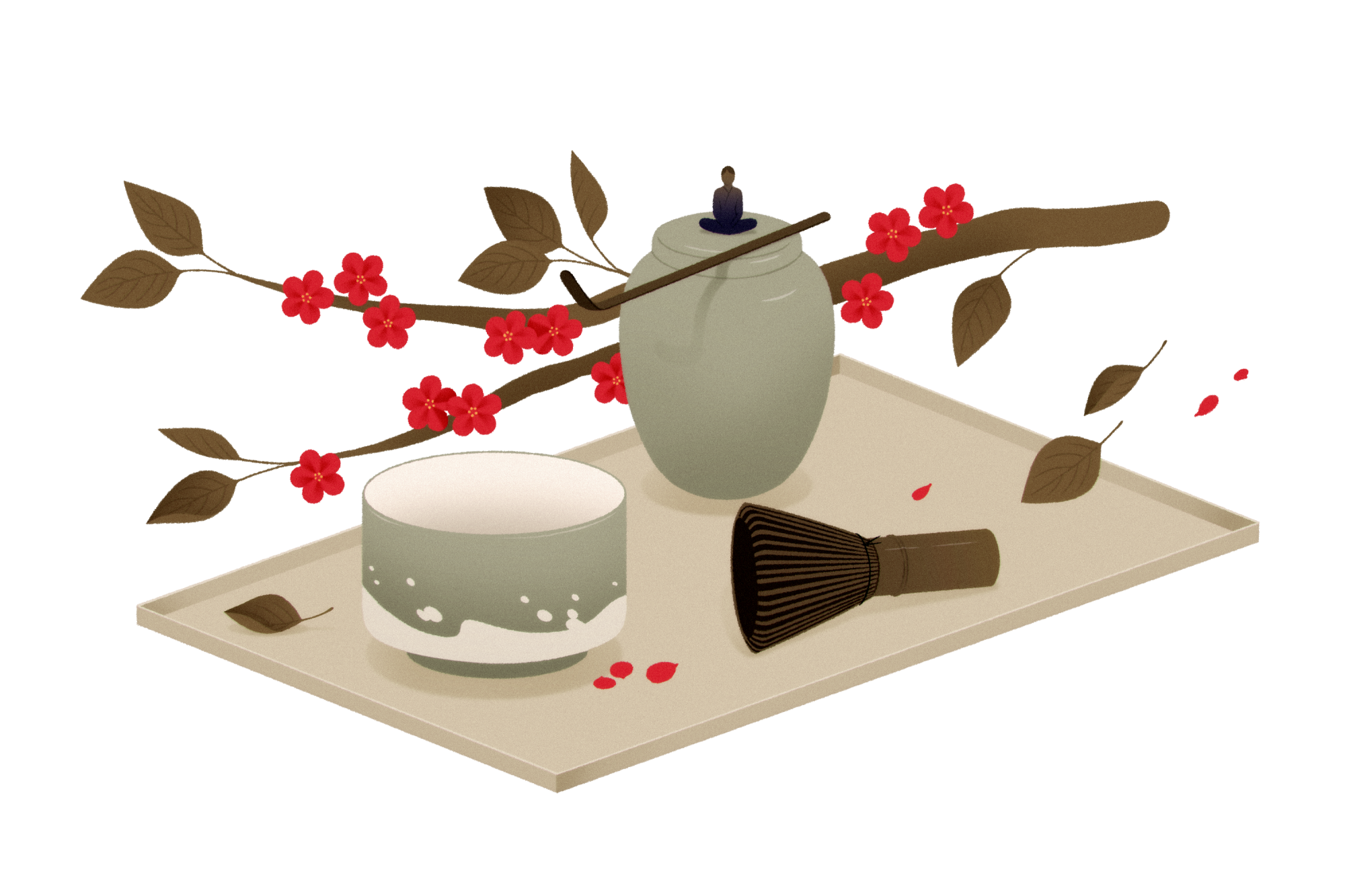 A tray with a Japanese tea set and a cherry tree branch with blossoms