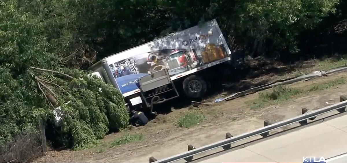 A box truck rests under trees near a freeway guardrail