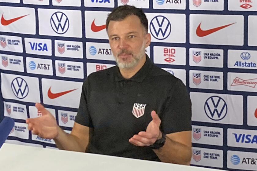 U.S. men’s national team assistant coach Anthony Hudson speaks with reporters.