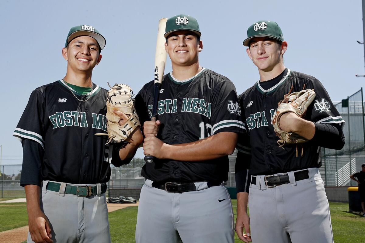 Miguel Rodriguez, left, Omar Muñoz, center, and Cameron Chapman have helped Costa Mesa reach Saturday's CIF Southern Section Division 6 title game.