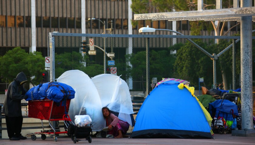 A homeless encampment near the 101 Freeway in downtown Los Angeles.