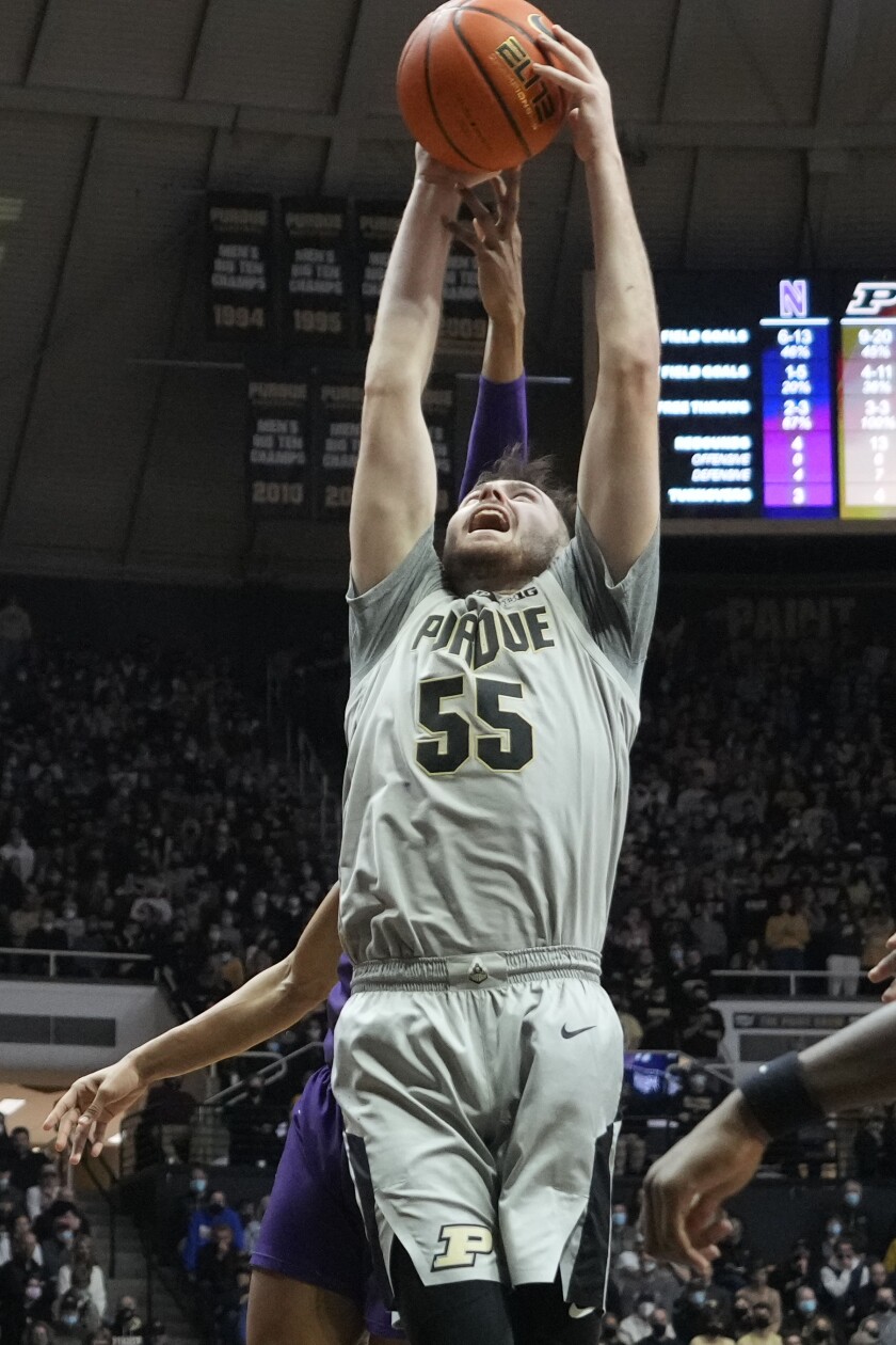 Purdue guard Sasha Stefanovic (55) pulls down a rebound in front of Northwestern guard Chase Audige (1) in the first half of an NCAA college basketball game in West Lafayette, Ind., Sunday, Jan. 23, 2022. (AP Photo/AJ Mast)