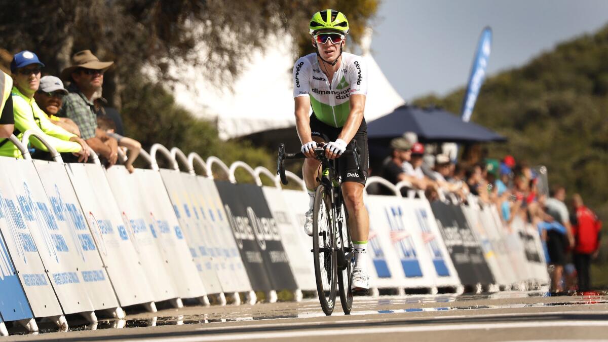 Tom-Jelte Slagter with Team Dimension Data eyes the finish line at the top of Gibraltar Road at East Camino Cielo above Santa Barbara ending Stage 2 of the 2018 Amgen Tour of California.