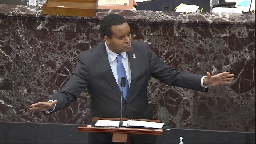 In this image from video, House impeachment manager Rep. Joe Neguse, D-Colo., speaks during the second impeachment trial of former President Donald Trump in the Senate at the U.S. Capitol in Washington, Tuesday, Feb. 9, 2021. (Senate Television via AP)