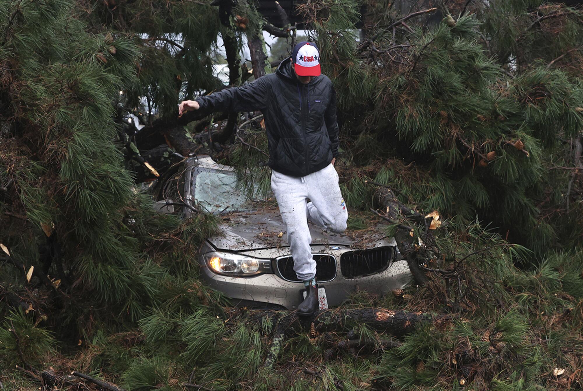 Boone White leaps from his car after a large tree fell on it while he was driving near Capitola, Calif., on Thursday.