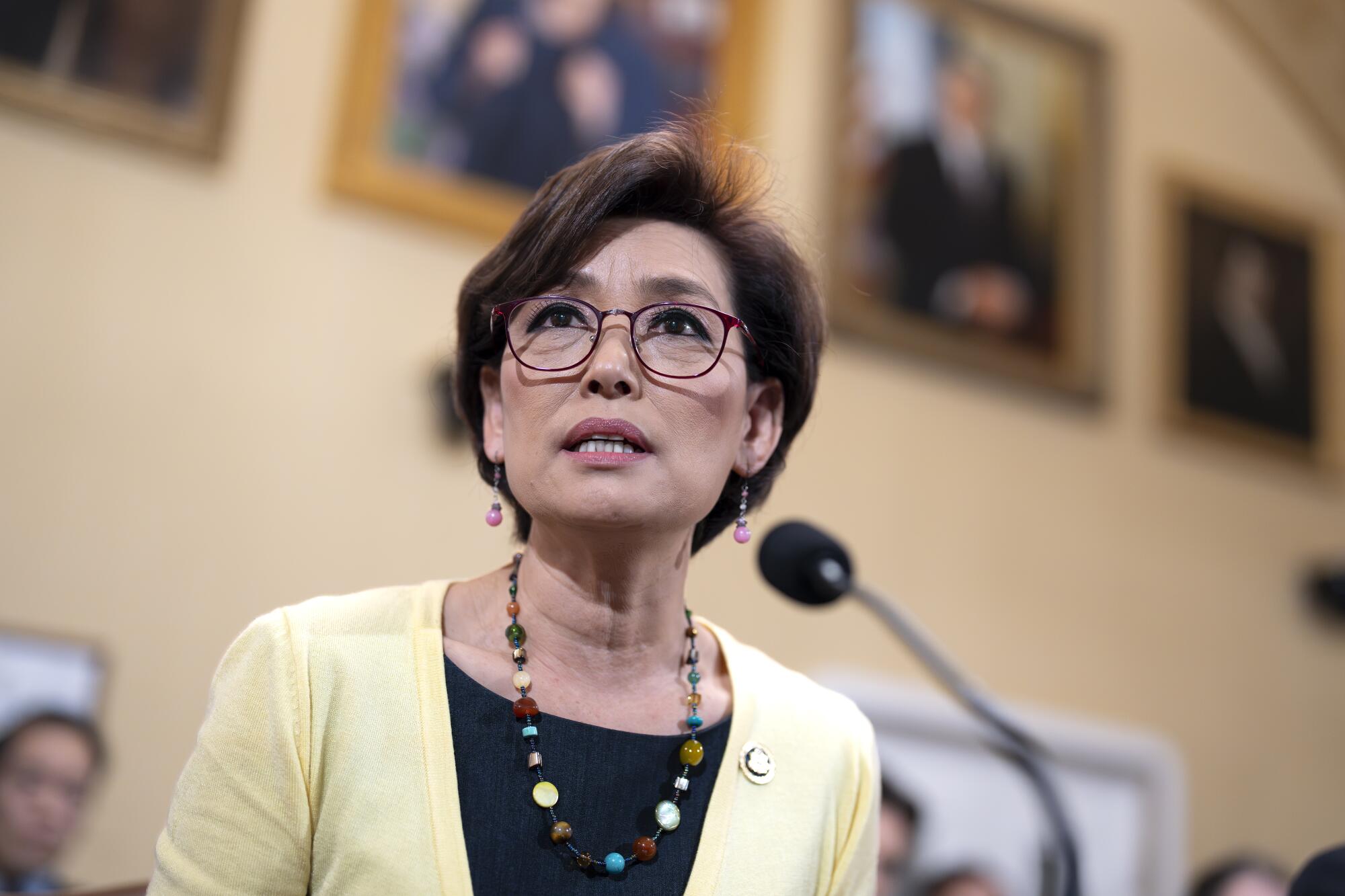 Rep. Young Kim, speaks behind a microphone in the Capitol