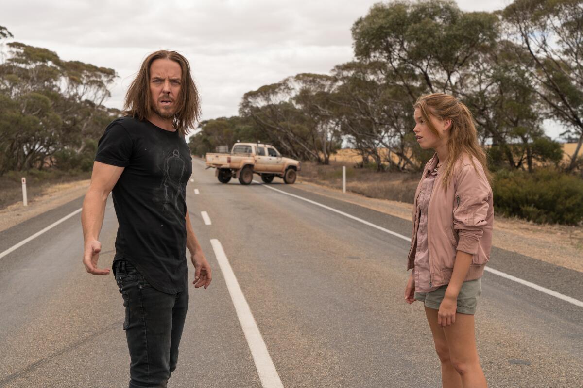 Tim Minchin and Milly Alcock in a scene from the Sundance Now series "Upright."