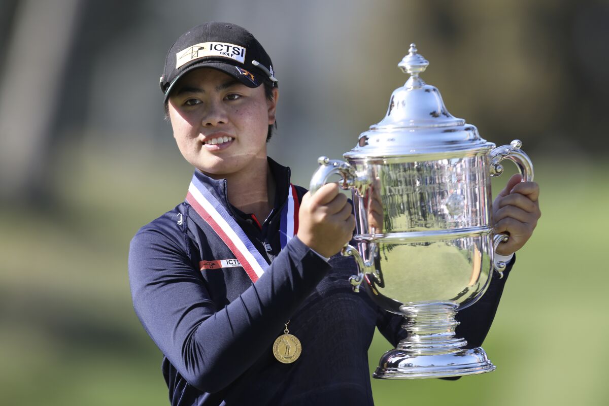 FILE - Yuka Saso, of the Philippines, celebrates her victory in the U.S. Women's Open golf tournament at The Olympic Club, June 6, 2021, in San Francisco. Saso says the last two years from turning pro to winning the Women's Open have felt like a blur. (AP Photo/Jed Jacobsohn, File)