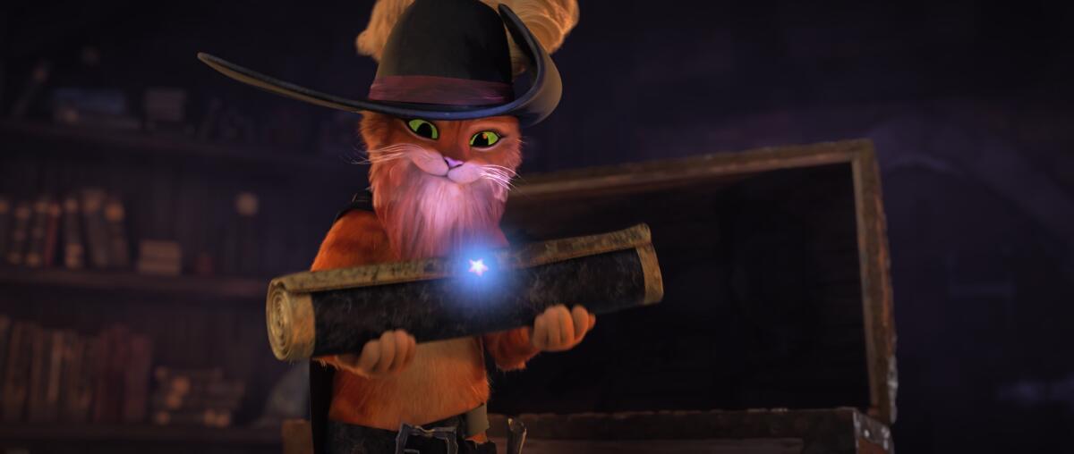 An animated cat wearing a hat with a feather holds a rolled-up map with a glowing star on it.