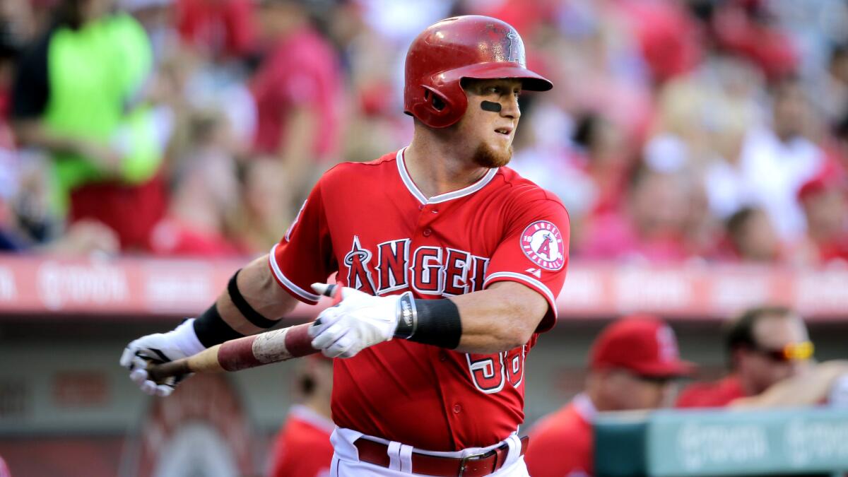 Angels right fielder Kole Calhoun gets ready for an at-bat against the Athletics during a game on Sept. 30 in Anahiem.