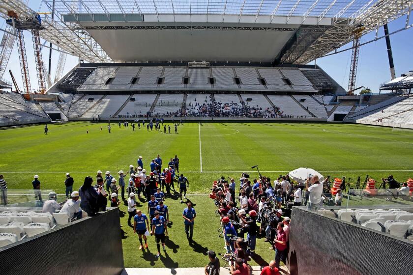 A view of the first official practice by the Corinthians team at the Arena de São Paulo (Itaquerao) stadium on March 15, 2014. The arena will host the opening match of the Brazil 2014 FIFA World Cup between Brazil and Croatia on June 12.