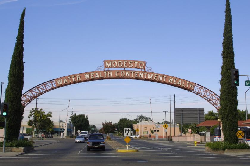 391492 01: A view of the archway leading into the city of Modesto July 5, 2001 in Modesto, CA. Chandra Ann Levy, the daughter of Robert and Susan Levy, just finished an intership with the Federal Bureau of Prisons and was expected to return to Modesto for her college graduation, when she disappeared April 30, 2000. (Photo by Jason Kirk/Getty Images)