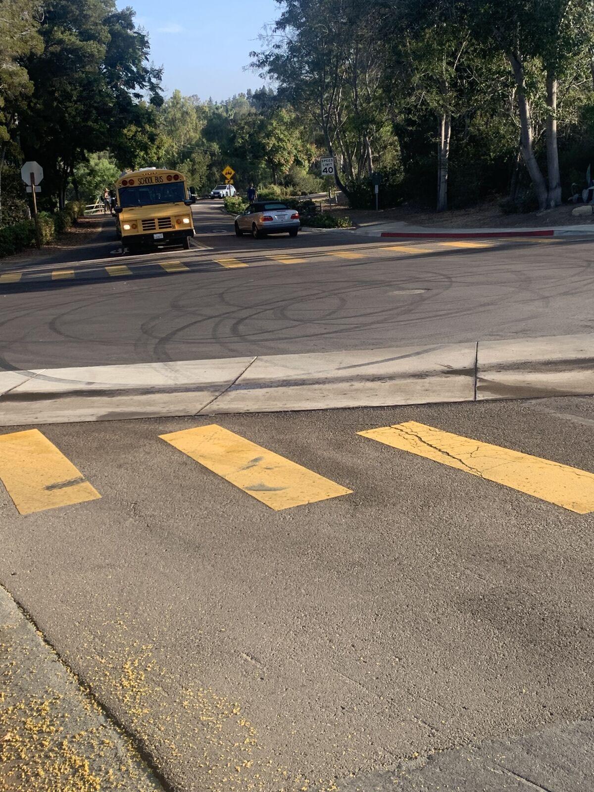 The marks from car tricks left in the La Granada intersection.