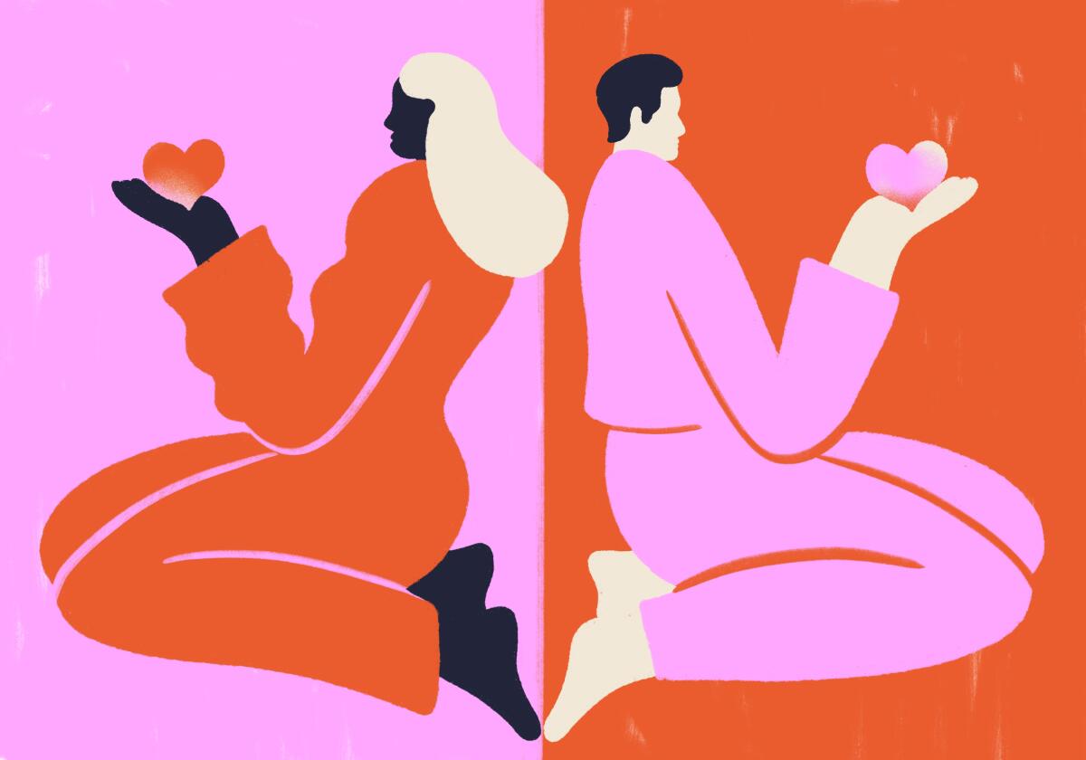 Illustration of a couple facing opposite directions, holding heart symbols in their hands.