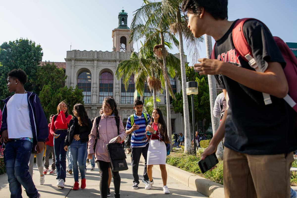 Students exit Hamilton High School in Los Angeles