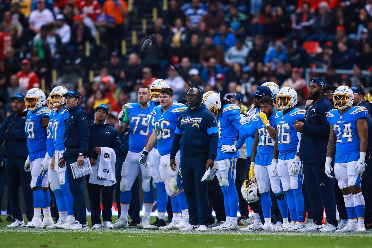 Chargers coach Anthony Lynn looks on second half of a game against the Chiefs on Nov. 18 in Mexico City.