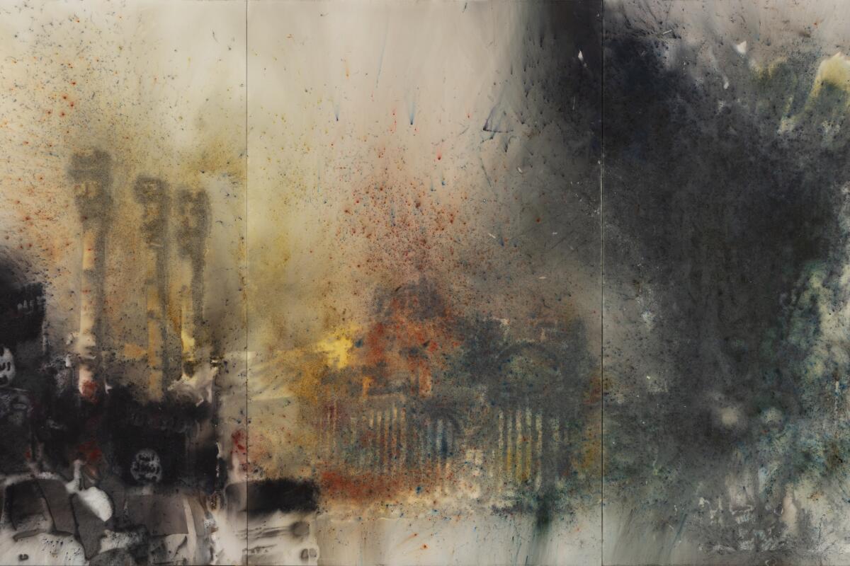 An artwork created with gunpowder on canvas conveys a sense of explosion and decay.