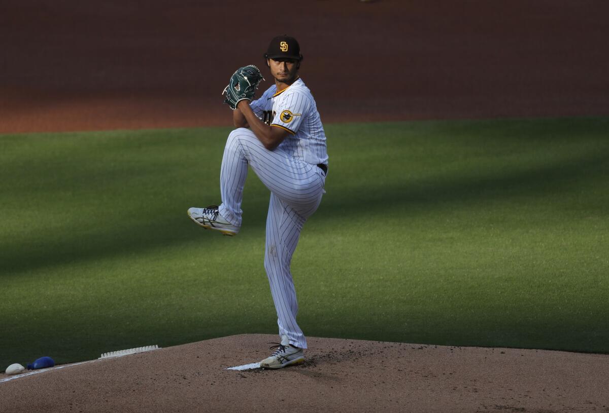 San Diego Padres pitcher Yu Darvish throws against the Dodgers on Saturday.