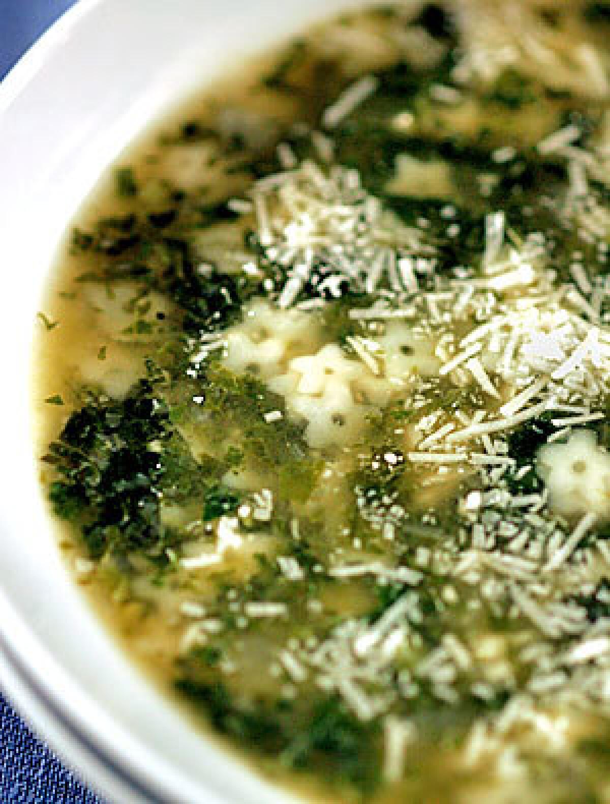 COMFORTING: A soup of mixed braised greens, with a bit of vinegar and grated Parmesan, is a good first course.