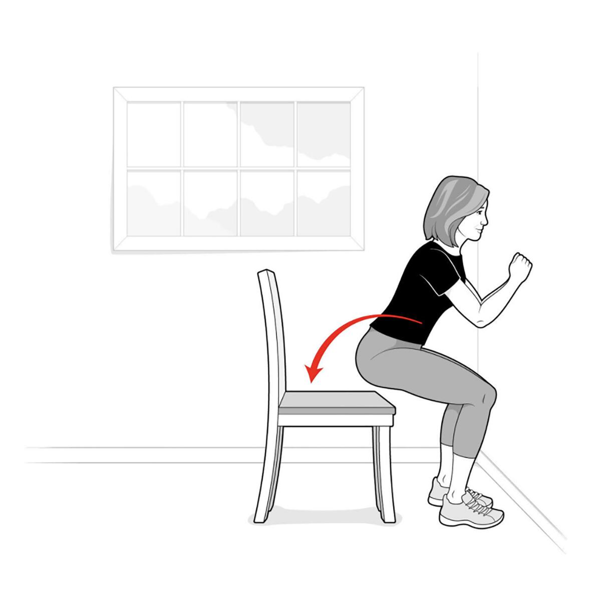 A sketch shows a woman slowly bending her knees and lowering herself to almost touch the chair's seat.